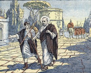 Apostelen Peters tilbakekomst til Roma fra Asia til keiser Claudius#39; død, ved begynnelsen av Neros regjeringstid rundt år 54 (Apostelen Peter kommer tilbake til Roma fra Asia etter keiser Claudius#39; død i år 54 e.Kr.) Illustrasjon fra «Le pe» av Unknown Artist