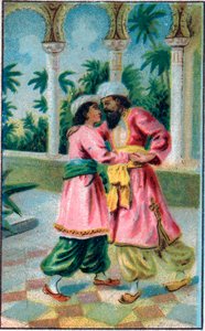 Prinsens retur. Fortelling "" Historien om den fortryllede hesten""" i "" De tusen og en natt""" (de 1001 nettene eller Le mille e una notte, Arabian Nights). Kromolitografi fra slutten av 1800-tallet. av Unknown artist