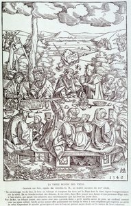Det runde bordet med laster: lek, grådighet, begjær, stolthet... - Gravering 1546 av Unknown artist