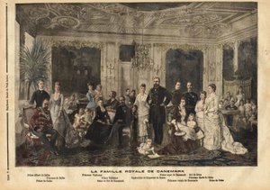 Kongefamilien i Danmark, som sitter i sentrum, dronning Louise av Hessen-Kassel (1817-1898) og kong Christian IX av Danmark (1818-1906) fikk kallenavnet "Europas kjekke far" fordi han giftet flere av barna sine med arvinger av den store kongelige f av Unknown artist