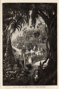 Sesongfeiringen i Luang Prabang, den kongelige hovedstaden i Lan Xang (riket av millionelefantene) (dagens Laos), bestående av en prosesjon av innbyggerne og en pagode for tilbedelse gjennom hele byen. Gravering for å illustrere en oppdagelsesreise av Unknown artist