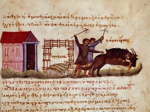 Hyrdene søker å forsvare dyret fra angrepet av miniatyrulver fra jakthandelen ""The Cynegetics"" av Oppian (Oppian eller Oppianus) fra Syria (3. århundre e.Kr.) dedikert til Caracalla. Venezia fra 1000-tallet. Biblioteca Marciana av Unknown artist