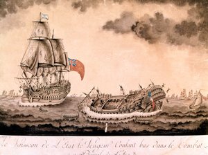 Forliset til «avneren» sank utenfor Brest av den engelske flåten 1/06/1794. Gravering sent på 1700-tallet, begynnelsen av 1800-tallet. av Unknown artist
