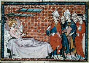 Den syke kongen av Frankrike Saint Louis (Louis IX) (1214-1270) henvender seg til sine slektninger og presteskapet. Miniatyr fra et manuskript "Life and Miracles of Saint Louis" av William av Saint Pathus av Unknown artist