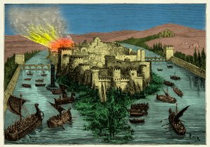 Beleiringen av Paris i 845 av vikingene med Ragnar Lodbrok i spissen, Gravering 1800-tallet