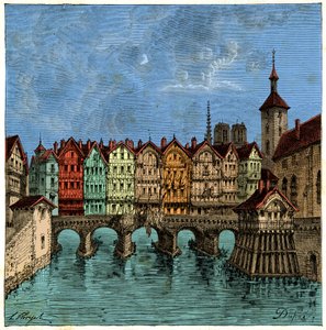 Den lille broen som senere var Pont au Change i Paris i middelalderen, gravering 1800-tallet av Unknown artist