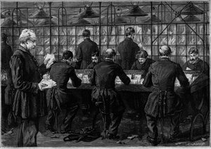 The sorting of correspondence in an office of the Hotel des Postes in the Rue du Louvre in Paris. Engraving in the journal “” La jeunesse”” av Unknown artist