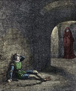 Tårnets spøkelse Fangenes lenker i et fangehull ser et spøkelse foran seg. Illustrasjon for "" The tower of london"" av William Harrison Ainsworth fra 1800-tallet av Unknown artist
