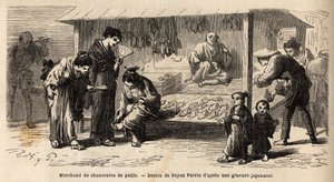 Stempelet til en halmskoforhandler, med forskjellige kunder, en kvinne som prøver et par med vennene sine, og en far som tar seg av barnet sitt. Gravering for å illustrere reisen til Japan, i 1863-1864, av Aime Humbert, minister for det sveitsiske konføder av Unknown artist