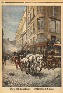 Damppumpen og kjøretøyene til brannmennene i Paris, ifølge et maleri av Mr. Busson. Gravering i "" Le petit journal"" 3/05/1896. Selvas samling. av Unknown artist