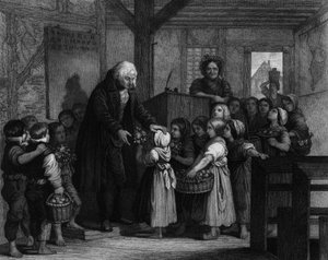 Elevene i en klasse kommer sammen for å gi blomster til skolelæreren sin på bursdagen hans. Gravering av 1800-tallet av Unknown artist