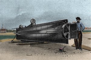 Ubåten (ubåten) CSS H. L. Hunley som ble brukt av den konfødererte statens marine under løsrivelseskrigen. 1861-1865 Gravering av 1800-tallet av Unknown artist
