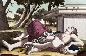 Selvmordet til Pyramus (Pirame) under mureren og Thisbes død. Overbevist om at løvinnen hadde fortæret Thisbe, ga Pyramus seg selv døden og dekket de hvite skikkene med blodet hennes. Thisbe, som gjemmer seg for å unnslippe løven, finner kjærligheten død o av Unknown artist