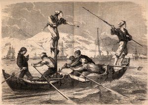 Sverdfisken harpunfiske (pesce spada, sverdfisk) på kysten av Sicilia i Italia i 1862. Gravering i “Le Monde illustrious”” fra 1862. Privat samling. av Unknown artist