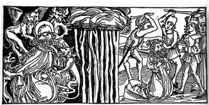 Fristelsene til Saint Anthony the Great (eller Saint Anthony the Eremit eller Saint Anthony the Abbe), og til høyre hans martyrdød etter. Gravering fra «Leben der Heiligen - sommerteil» (Helgenboken) av Jacobus (James) fra Voragine (1228-1298). L av Unknown artist
