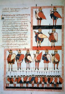 De ti kongene av apokalypsen våpen av spyd og skjold med sine tropper. Miniatyr i "" Beatus de Liebana, Commentary on the Apocalypse"" (Folio 193), av Stephanus Garcia av Unknown artist