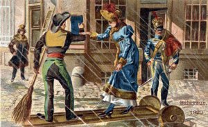 Feiemaskinfaget i 1820: en feiemaskin som hjelper en ung kvinne med å krysse en sølepytt. av Unknown artist