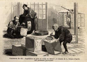 Handelen med te: engros- og detaljhandel. Gravering for å illustrere reisen til Japan, av Aime Humbert, minister for det sveitsiske konføderasjonen, i 1863-1864, publisert i "" Le tour du monde""" 1869, redigert av Edouard Charton, utgave Hachette, Par av Unknown artist