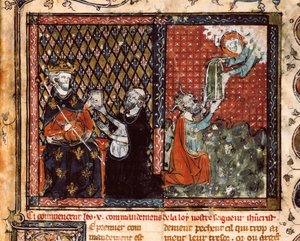 Oversettermunken presenterer sin bok til kong Filip III av Frankrike kalt den dristige (1270-1285). Miniatyr hentet fra The Christian Doctrine, av St. Augustine (?) av Unknown artist