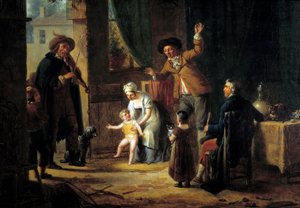 Den omreisende musikeren En fiolinist spiller musikk ved døren til et familiehus. Anonymt maleri. 1819 Paris, dekorativ kunst av Unknown artist