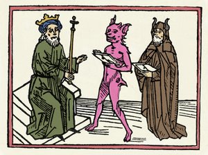 Rettssaken mot Belial: "Demon Belial presenterer sin legitimasjon til dommer Solomon" "Gravering fra "The trial of Belial"" av Jacobus de Teramo (eller Palladino), Ausburg av Unknown artist