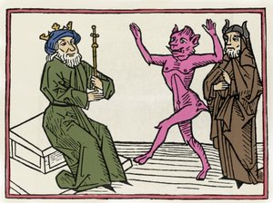 Rettssaken mot Belial: "" Demonen Belial danser foran dommer Solomon""" Gravering fra "The trial of Belial"" av Jacobus de Teramo (eller Palladino), Ausburg av Unknown artist