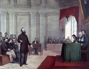 Rettssaken mot Felice Orsini (1819 - 1858) som begikk angrepet 14. januar 1858 på Napoleon III. Litografi fra slutten av 1800-tallet. Milanos private samling ©Luisa Ricciarini/Leemage av Unknown artist