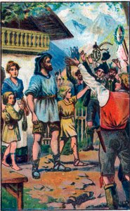 Hyllesten til konføderen til Guillaume Tell (William Tell) (legendariske helter fra sveitsisk uavhengighet) Kromolitografi på slutten av 1800-tallet. av Unknown artist
