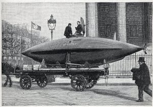 Undervannsbåten (ubåten) "" Le Goubet"", transporterer for eksperimenter, passerer Place de la Madeleine i Paris. Gravering i "" La Nature"" av Unknown artist