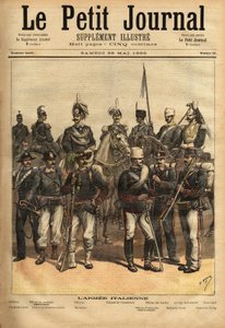 Uniformene til den italienske hæren, en hest fra venstre til høyre: artilleriet, kavalerioffiseren, generalen, obersten til carabinieri, offiseren til guidene, det 10. spydregimentet, det hundrede. Stående fra venstre mot høyre: karabinkroken, th av Unknown artist