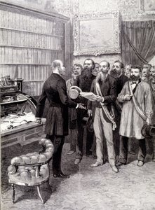 Besøket av arbeidernes delegater til Palais Bourbon (Jules Guesde, Mr Ferroul, Mr Baudin og Mr Thivrier) til presidentskapets generalsekretær: Mr Martin, under demonstrasjonen 1. mai av Unknown artist