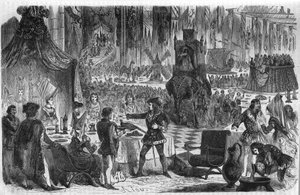 Fasanens ønske. Philip III Le Bon, hertug av Burgund (1396-1467) sluttet seg til keiseren av Konstantinopel 17. februar 1454 for en bankett på hotellet i Salle de Lille. Gravering fra 1800-tallet. av Unknown artist