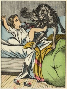 Ulven slår Rødhetta. Illustrasjon av historien "Den lille rødhette" av Charles Perrault av Unknown artist