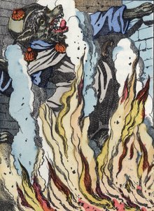 The wolf falls into the fire of the chimney. Illustration of the tale “Compere le Loup, Maitre Renard, Comere la Chevre et ses petits biquets”” after a fable by Jean de la Fontaine. In “” Tales from the home for the little ones””. Anonymous engraving of th av Unknown artist