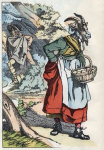 The wolf is looking for the goat leaving his home. Illustration of the tale “Compere le Loup, Maitre Renard, Comere la Chevre et ses petits biquets”” after a fable by Jean de la Fontaine. In “” Tales from the home for the little ones””. Anonymous engraving av Unknown artist