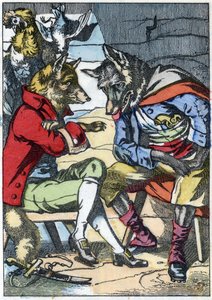 Ulven møter reven igjen. Illustrasjon av fortellingen "Compere le Loup, Maitre Renard, Comere la Chevre et ses petits biquets"" etter en fabel av Jean de la Fontaine. I "" Fortellinger fra hjemmet for de minste"". Anonym gravering fra 1800-tallet. av Unknown artist