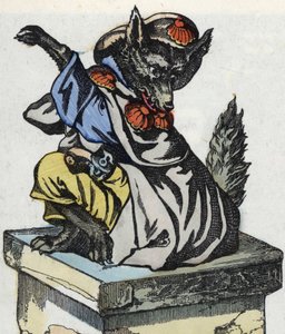 Ulven sitter på skorsteinen. Illustrasjon av fortellingen "Compere le Loup, Maitre Renard, Comere la Chevre et ses petits biquets"" etter en fabel av Jean de la Fontaine. I "" Fortellinger fra hjemmet for de minste"". Anonym gravering fra 1800-tallet. av Unknown artist