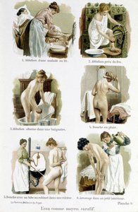 Kvinnen, hjemmelegen: vann som et helbredende middel. 1. Aluering av en syk person i sengen, 2. Aluering ved brann, 3. Aluering veksler i badekar, 4. Regndusj, 5. Dusj med kranrør av et kjøkken, 6. Vanning i et lite interiør - i “ Kvinnen, hjemmelegen"" av Unknown artist