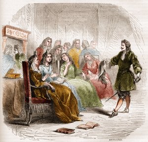 The writer Georges de Scudery (1598-1667) during a litterary salon organized by his sister, Madeleine de Scudery, in 1650. Engraving from 1860-1861. av Unknown artist