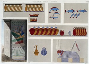 Theben: Bybân el Molouk. pl 87: Malerier av den 5. kongegraven i øst, 7. basrelieff fra inngangen til samme grav i "" Egyptian Antiquites"", sd. 1800-tallet av Unknown artist