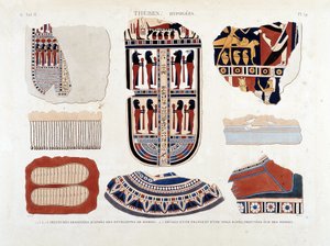 Theben, hypogeier: 1.2.3.6.7.8. malerier fra mammakonvolutter 4.5. Detaljer om en frynser og et stripete lerret, funnet på mumier - i "" Description of Egypt"" 1809, Antiquite vol 2 pl 112 av Unknown artist