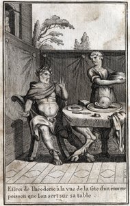 Theodoric the Great (ca. 454/455-526), king of the Goths, is frightened at the sight of the head of a huge fish serving on his table. Engraving in “Beaute de l