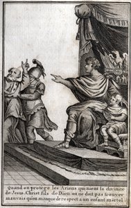 Theodosius I (Flavius Theodosius) (347-395), romersk keiser, fikk Amphiloque, eveque av Icone, arrestert for manglende respekt for sin sønn, Arcadius (377-408). Evequen erklærer "Når vi beskytter arianerne som fornekter Jesu Kristi guddommelighet, Gud av Unknown artist