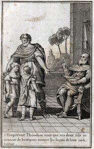 Theodosius I (Flavius Theodosius) (347-395), romersk keiser, vil at hans to sønner, Arcadius (377-408) og Honorius (384-423), skal reise seg for å lytte til leksjonene til læreren deres. 4. århundre. Gravering i "Beaute de l