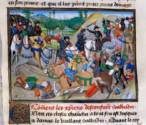 Tredje korstog: "Hvordan de kristne bekrefter Saladin"" Saladin (1138-1193) (Salah al Din Yusuf al-Ayyubi (al Ayyubi) blir beseiret av korstogene rundt 1191. Miniatyr fra "" Chronicle abregee"" av David Aubert av Unknown artist