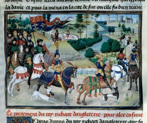Tredje korstog: Richard Lion Heart (eller Richard I av England (1157-1199) seilte i juni 1191 til Det hellige land ved avgangen til Kypros Miniature hentet fra "Chronicles of Emperors"" av Loyset Liedet (1420-1479) 1400-tallet. Paris, Arsenals bibliotek av Unknown artist