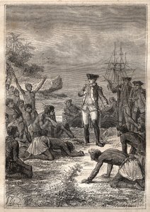 Tredje reise (1776-1779) av kaptein James Cook (1728-1779): Cook blir ønsket velkommen av de innfødte (Hawaii) - illustrasjon hentet fra "The Great Mariners of the 18th century" av Unknown artist