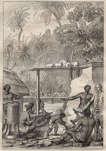 Tredje reise (1776-1779) av kaptein James Cook (1728-1779): menneskeofring til Tahiti - illustrasjon hentet fra "The Great Mariners of the 18th century"" av Unknown artist