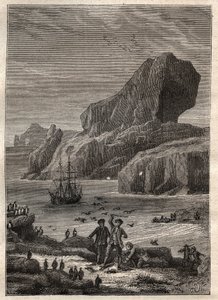 Tredje reise (1776-1779) av kaptein James Cook (1728-1779): øyene Kerguelen (Kerguelen-øygruppen, Antarktis) - illustrasjon hentet fra "" The Great Mariners of the 18th century"" av Unknown artist