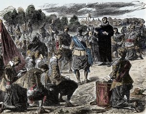 Tretti års krig: svensker i bønn før slaget ved Luetzen – tretti års krig (1618–1648): Kong Gustave II Adolphe av Sverige (1594–1632) og troppene hans samles til en religiøs feiring før slaget ved Lutzen (1632) av Unknown artist